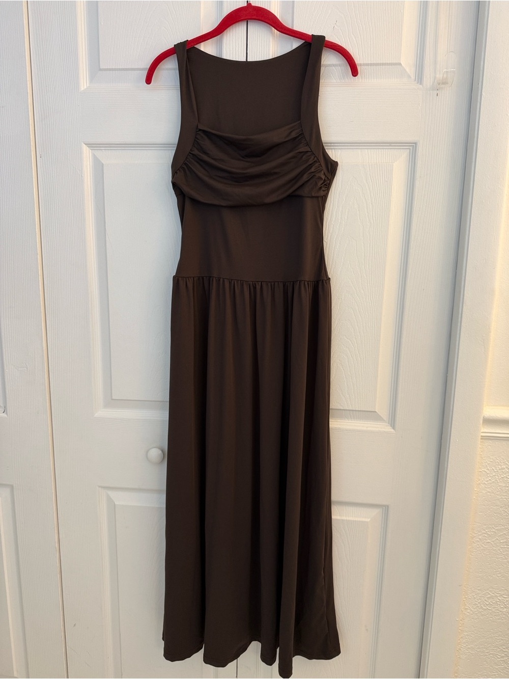 SHEIN New Dark Brown Ruched Square Neck Soft Stretch Maxi Dress size Petite SP - Picture 5 of 13